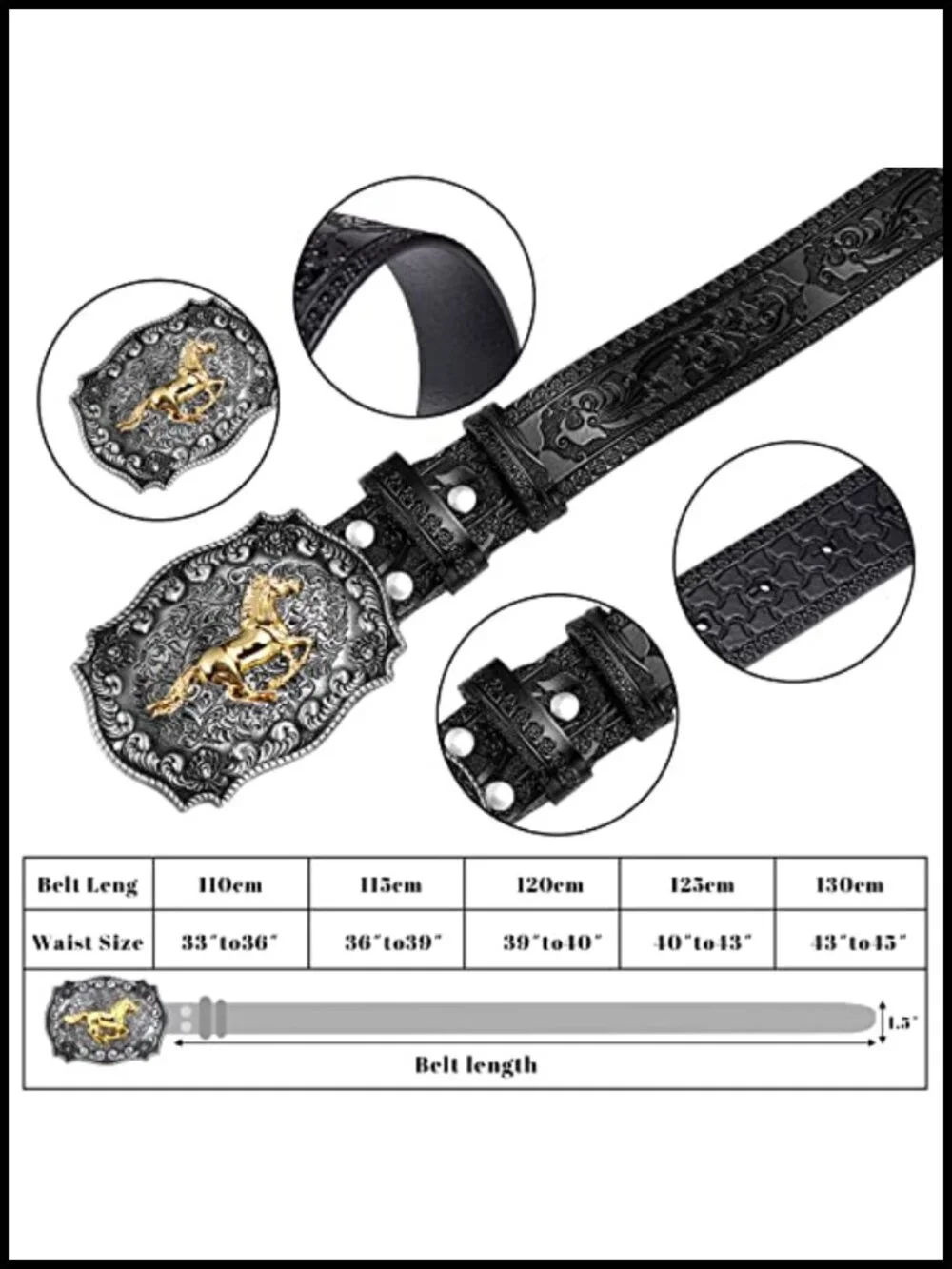Western Cowboy Leather Belt w/ Horse Buckle - Unisex